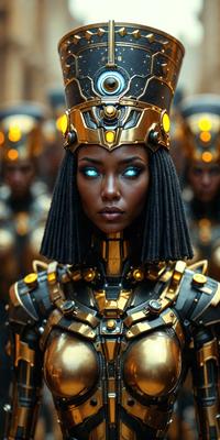 The primary subject of the image is a woman wearing a gold crown and a gold headdress. She has long, flowing hair and is wearing a gold necklace. The setting is a room with several other people in the background, some of whom are also wearing gold crowns and headdresses. The visual style appears to be a combination of digital art and illustration, creating a unique and eye-catching scene. The colors and mood of the image are predominantly gold and regal, giving the impression of